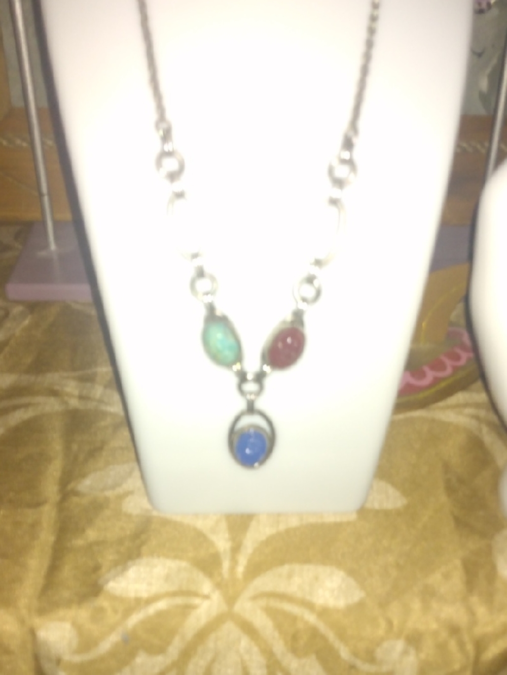 Vintage Scarab Necklace Silver Multi-Stone Pendant Necklace - Blue, Green, Red